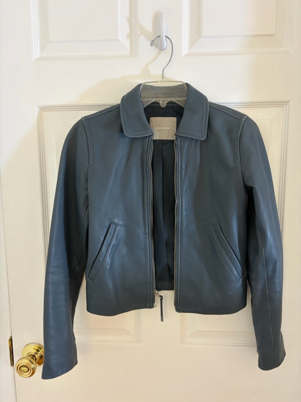 Everlane Women's Teal-Blue Leather Zip Jacket